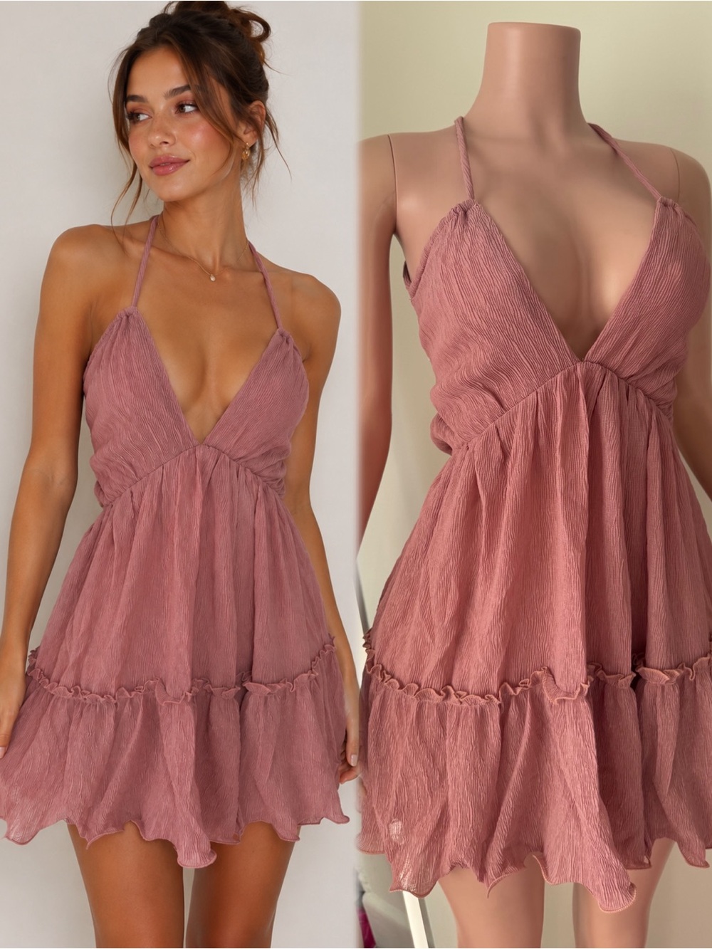 Lulu's Dusty Rose Halter Backless Tiered Mini Dress